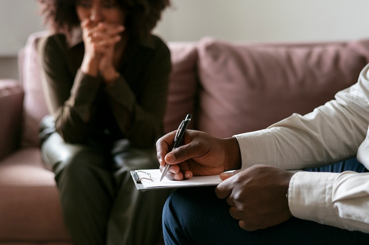 A mental health counselor attentively taking notes during a therapy session, focusing on the client’s experience.